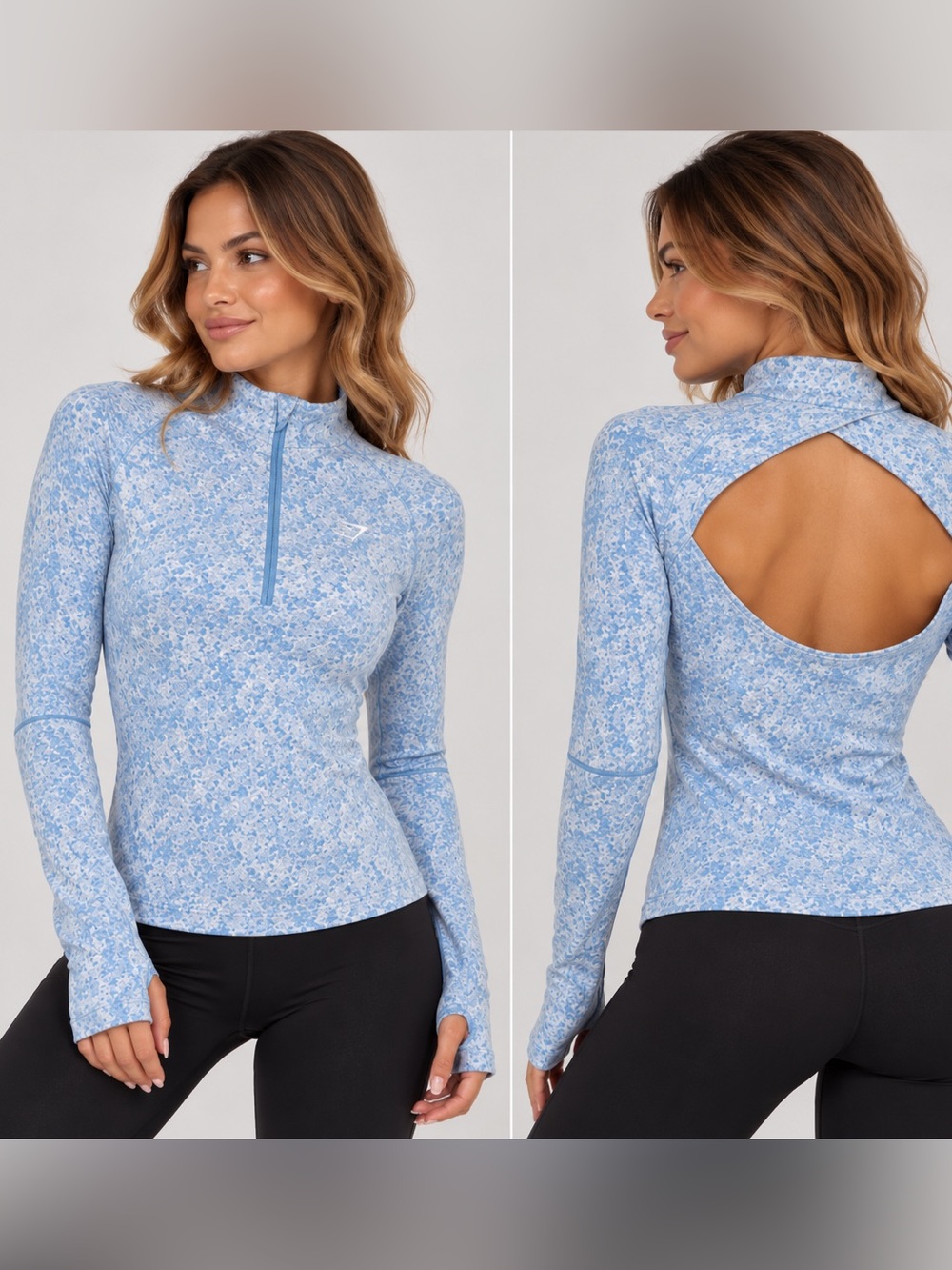 Gymshark Light Blue Floral Zip-Front Long Sleeve Top